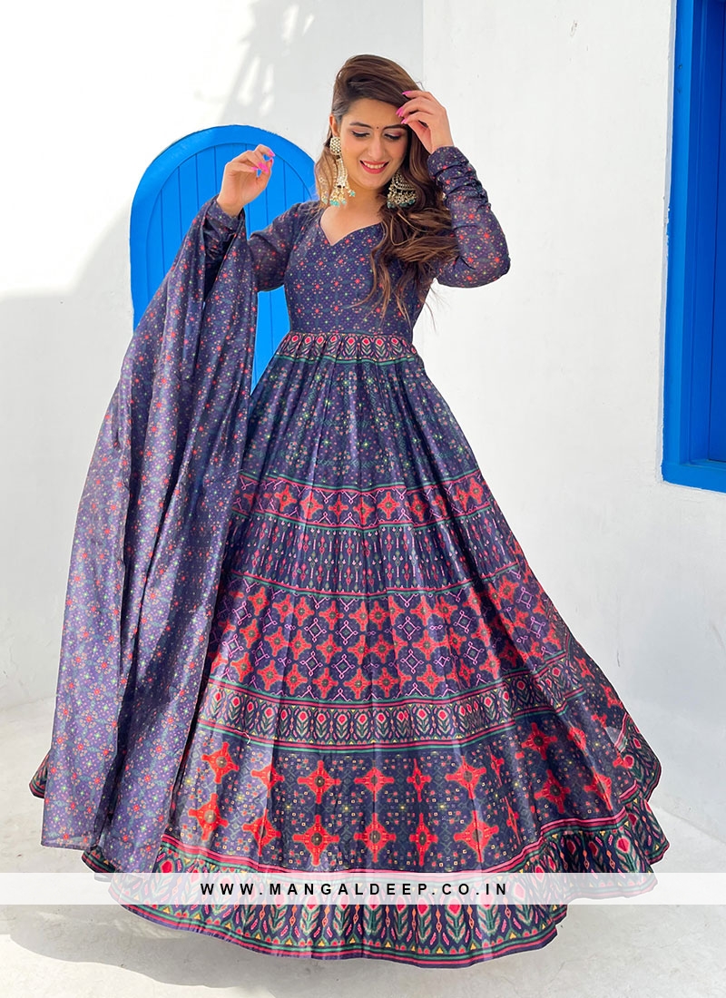 Blue Color Chanderi Printed Gown