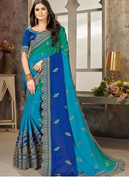 Blue Color Chiffon Embroidered Saree