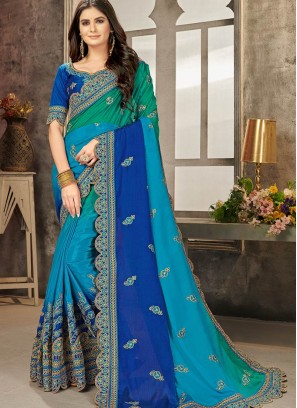 Blue Color Chiffon Embroidered Saree