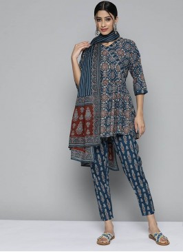 Blue Color Cotton Bandhej Print Readymade Dress