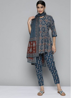 Blue Color Cotton Bandhej Print Readymade Dress