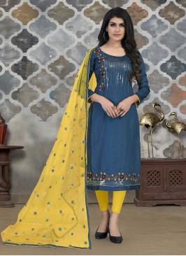 Blue Color Cotton Embroidered Material