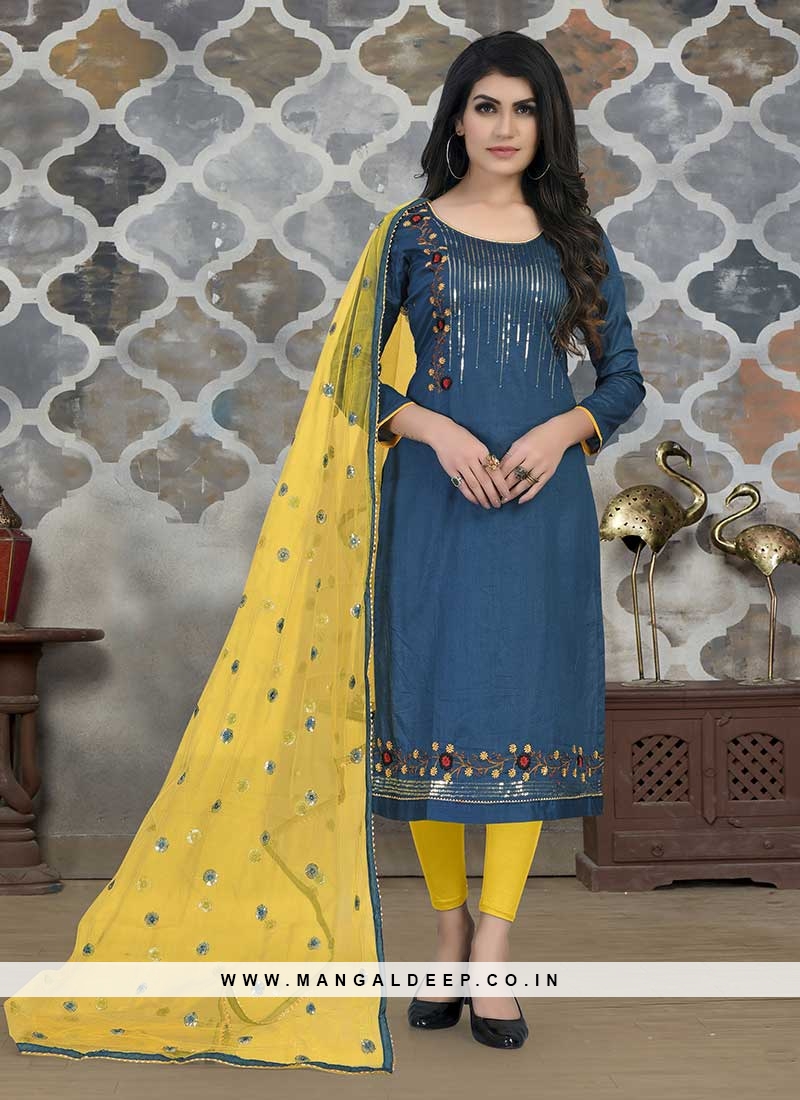 Blue Color Cotton Embroidered Material