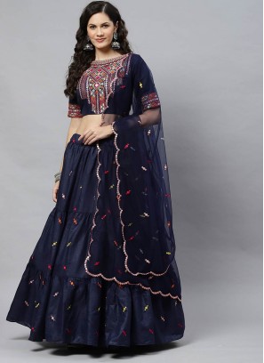 Blue Color Cotton Embroidered Party Wear Lehenga