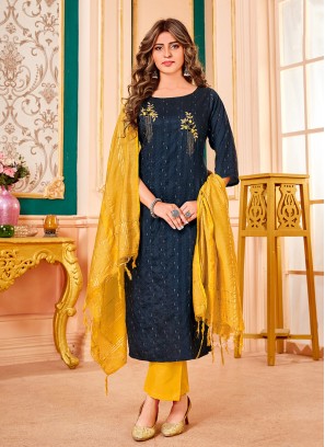 Blue Color Cotton Hand Work Readymade Suit