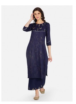 Blue Color Cotton Kurti With Bottom