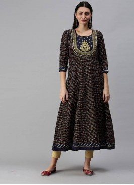 Blue Color Cotton Printed Long Kurti