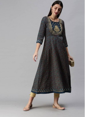 Blue Color Cotton Printed Long Kurti