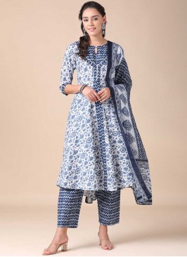 Blue Color Cotton Printed Readymade Suit