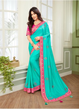 Blue Color Embroidered Saree For Women