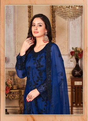Blue Color Embroidered Work Net Semi Stitched Suit
