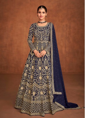 Blue Color Georgette Embroidered Long Dress
