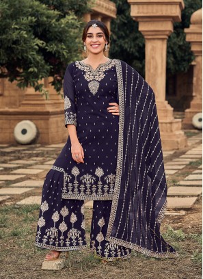 Blue Color Georgette Embroidered Sharara Dress