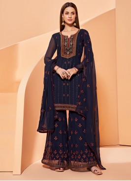 Blue Color Georgette Embroidered Sharara Dress