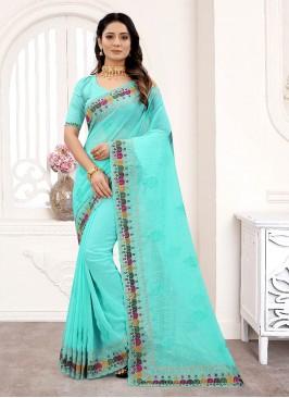 Blue Color Georgette Embroidered Work Saree