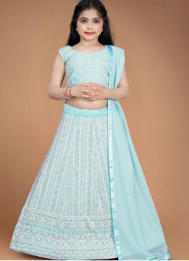 Blue Color Georgette Lucknowi Work Kids Lehenga