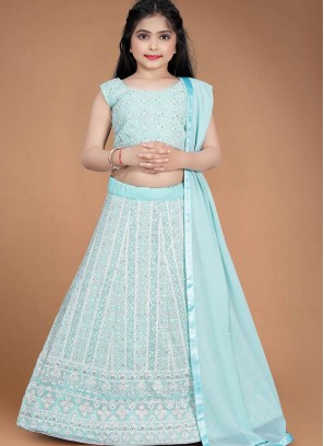 Blue Color Georgette Lucknowi Work Kids Lehenga