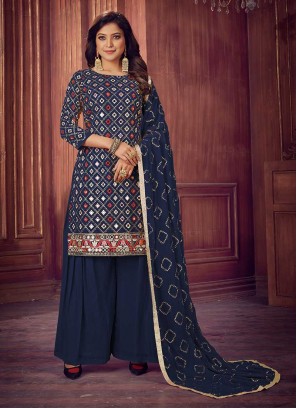 Blue Color Georgette Mirror Work Sharara Suit