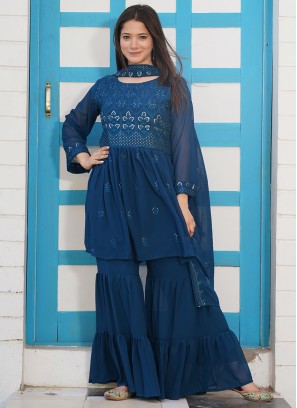 Blue Color Georgette Readymade Sharara Suit