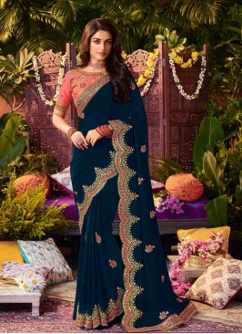 Blue Color Georgette Resham Work Saree