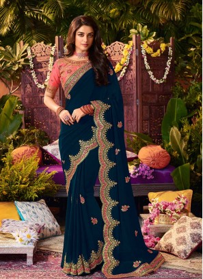 Blue Color Georgette Resham Work Saree