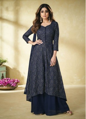 Blue Color Georgette Sequins Embroidered Plazzo Suit