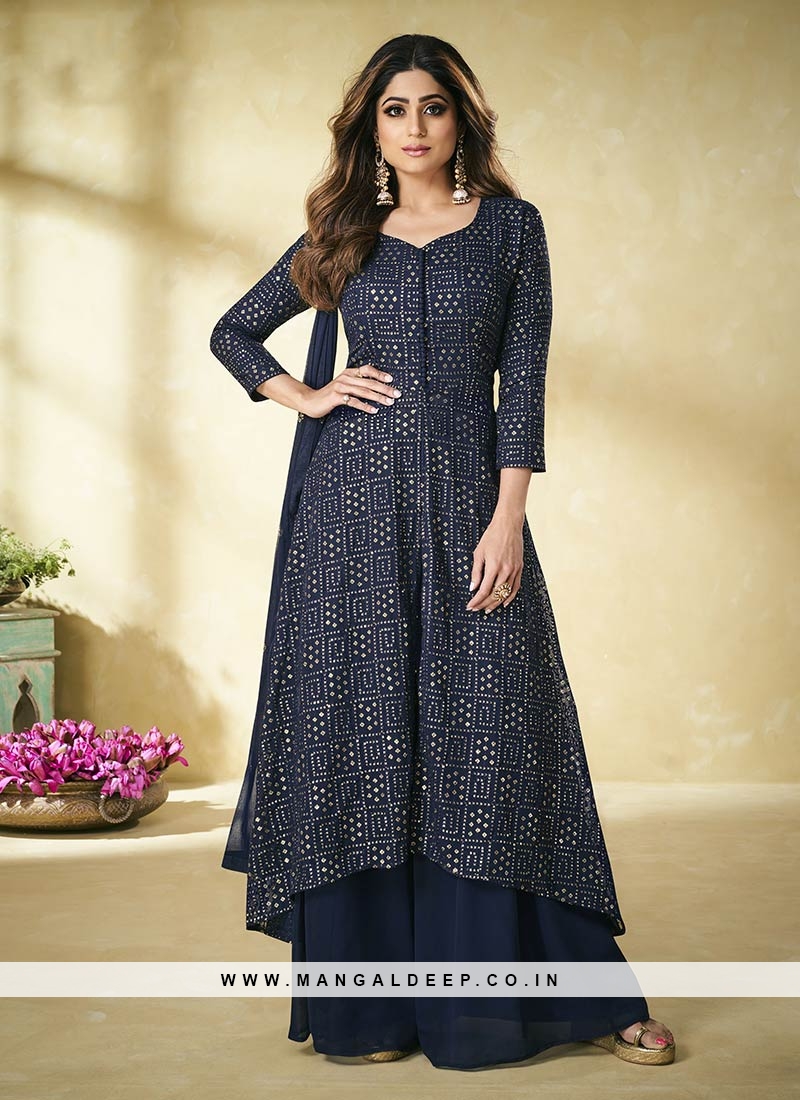 Blue Color Georgette Sequins Embroidered Plazzo Suit