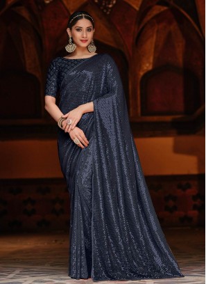 Blue Color Georgette Sequins Embroidered Saree