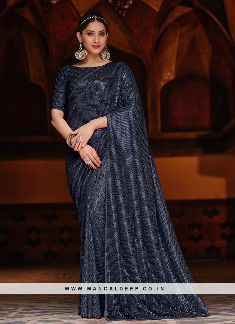 Blue Color Georgette Sequins Embroidered Saree