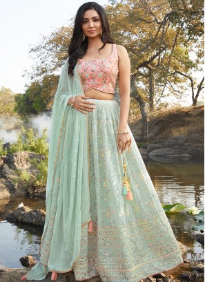 Blue Color Georgette Sequins Work Lehenga