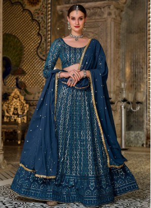 Blue Color Georgette Sequins Work Lehenga