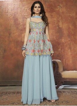 Blue Color Georgette Sequins Work Palazzo Suit