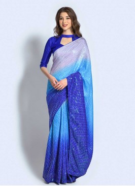 Blue Color Georgette Sequins Work Saree