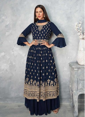 Blue Color Georgette Sequins Work Sharara Suit