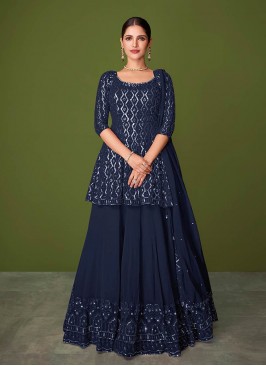 Blue Color Georgette Sequins Work Straight Cut Suit