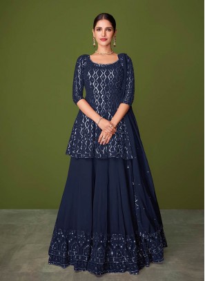 Blue Color Georgette Sequins Work Straight Cut Suit