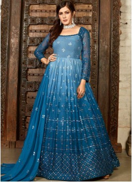 Blue Color Georgette Thread Work Gown