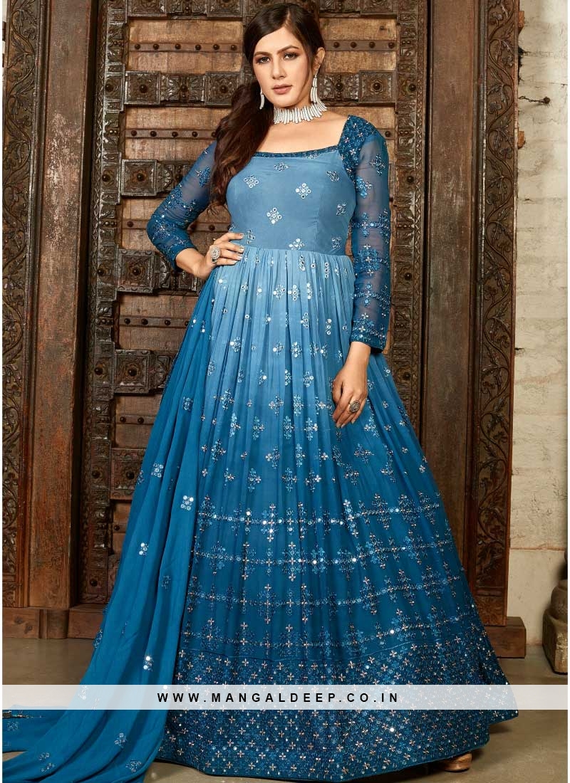 Blue Color Georgette Thread Work Gown