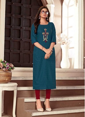 Blue Color Hand Embroidered Kurti