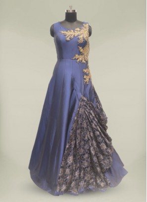Blue Color Hand Work Silk Reception Gown