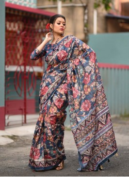 Blue Color Linen Kalamkari Printed Saree