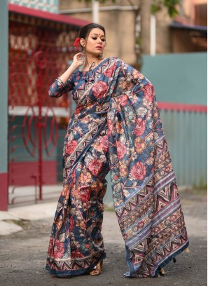 Blue Color Linen Kalamkari Printed Saree