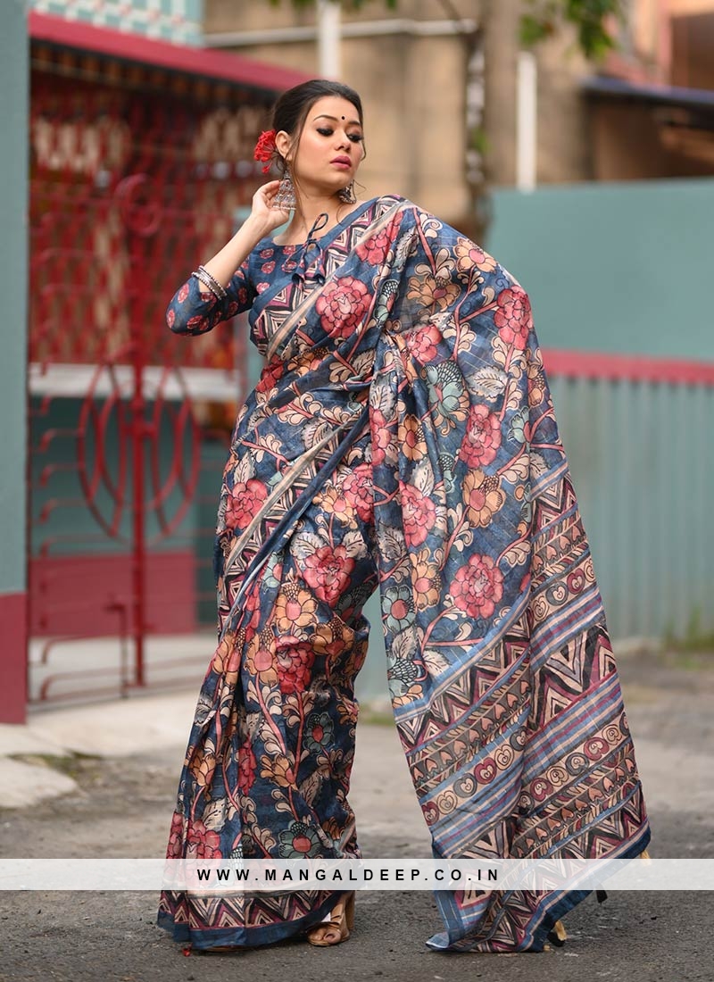 Blue Color Linen Kalamkari Printed Saree