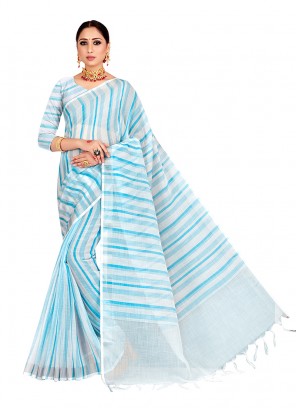 Blue Color Linen Saree For Ladies