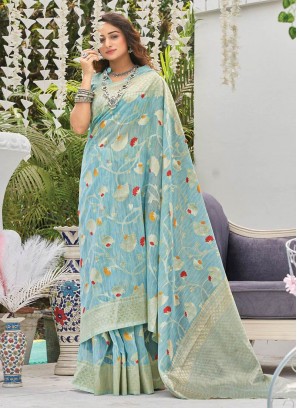 Blue Color Linen Wevon Saree For Women