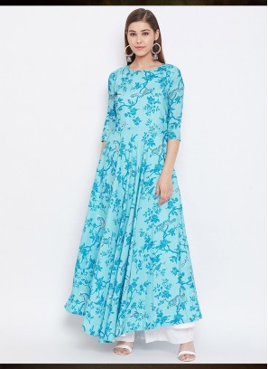 Blue Color Muslin Casual Wear Gown