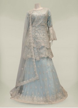 Blue Color Net Diamond Work Designer Gharara Suit