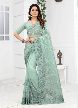 Blue Color Net Embroidered Saree