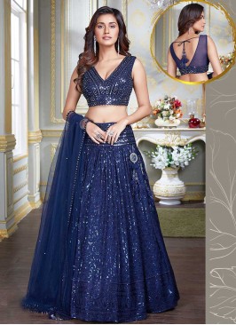 Blue Color Net Sequins Work Lehenga