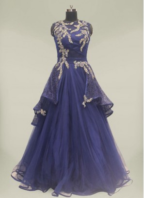Blue Color Net Sequins Work Simple Gown